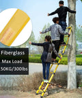 Beefed Up Non Conductive Fiberglass Telescoping Ladder For Electrical Work Extendable Step Ladder With Secure Hooks Rated At Three Hundred Pounds used outdoors with people