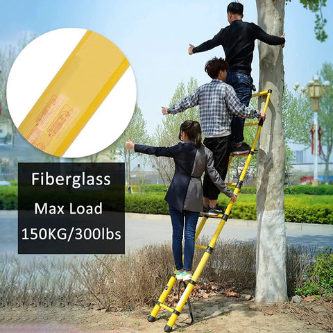 Beefed Up Non Conductive Fiberglass Telescoping Ladder For Electrical Work Extendable Step Ladder With Secure Hooks Rated At Three Hundred Pounds used outdoors with people
