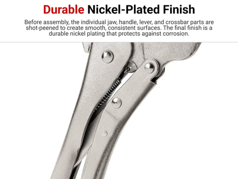 Six Inch Long Nose Locking Pliers With Deep Teeth For Small Hex, Round, And Square Fasteners, close-up of nickel-plated finish