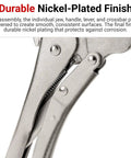 Close-up of Six Piece Locking Pliers Set With Straight Jaw Curved Jaw And Long Nose For Tough Grip Jobs, nickel-plated finish.