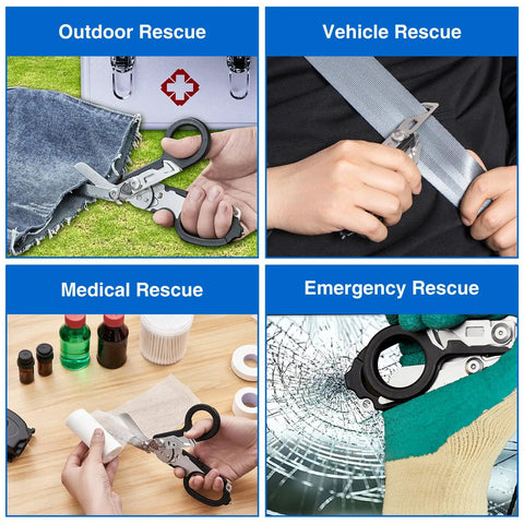 Prepper Grade Foldable 6 In 1 Trauma Shears black used in outdoor and emergency rescue scenarios with holster visible.