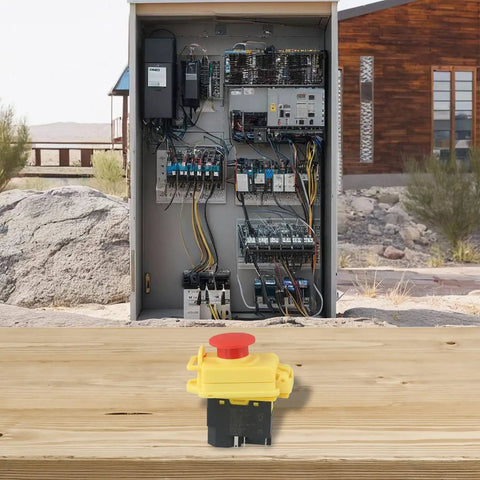 Heavy Duty 5 Pin Electromagnetic Pushbutton Switch With Hella Waterproof IP54 Rating And No Volt Release Function For Mini Lathe And Shop Rig 220 To 240 Volts Built Badass on workbench in control panel setup.
