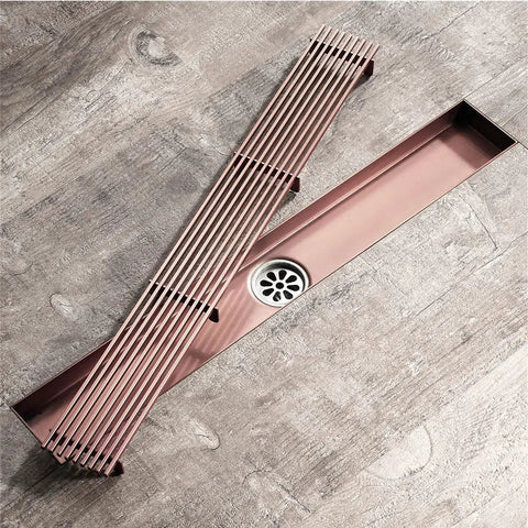 Rock Solid Stainless Steel Rectangle Floor Drain Cover With Removable Grate And Slick Hair Catcher For Bathroom Shower Tile Quick Drainage on wooden floor.