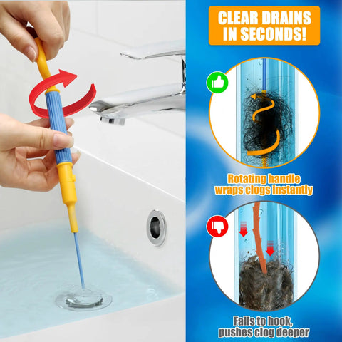 Heavy Duty 30 Inch Drain Snake Snagging Hair Clogs In Showers And Sinks Reusable Nylon Hook Auger in use with a rotating handle.