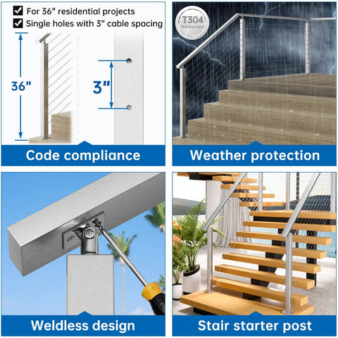 Cable Railing Post 36 Inch Square 2x2 Brushed Finish Top Mount End Post For Wood And Concrete Deck Stairs Single Drilled Design