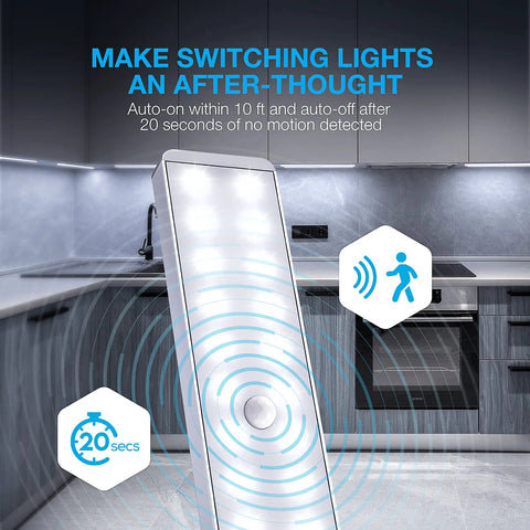 Rechargeable Motion Sensor Closet Light 3 Pack With 24 LED Night Lights in kitchen, motion sensor icons displayed.