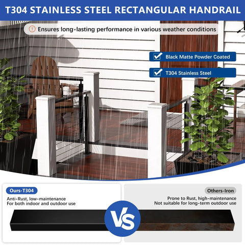 T304 stainless steel rectangular handrail in a modern outdoor setting, showcasing matte black finish and durability.