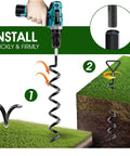 Installing Beefy Heavy Duty Trampoline Ground Anchors 4 Pack with drill, showing screw-in stake, for windy yards setup.