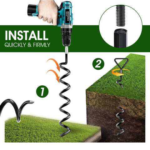 Installing Beefy Heavy Duty Trampoline Ground Anchors 4 Pack with drill, showing screw-in stake, for windy yards setup.