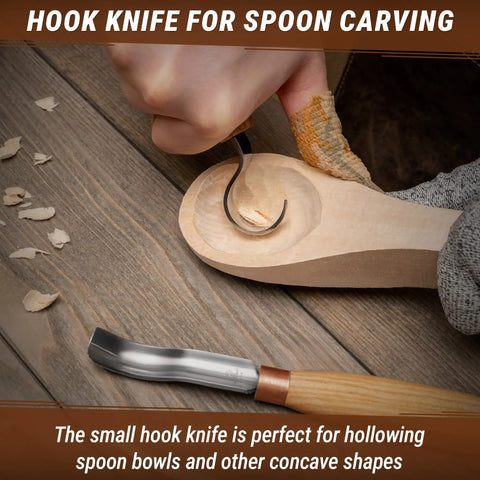 Sweet Complete Wood Spoon Carving Kit featuring razor sharp hook knife carving a wooden spoon bowl with shavings.