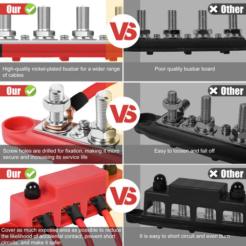 Comparison of Heavy Duty 250A 12V Power Distribution Block With Four 5/16 Studs Solid Build Marine And Solar Wiring Assembly features.