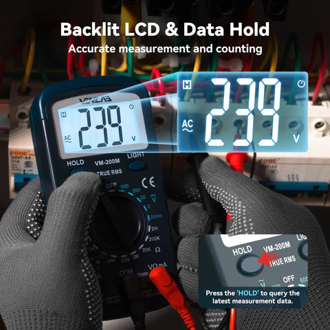 Person using Pro Grade Digital Multimeter For Home And Workshop, Easy To Read Measurements Of AC DC Voltage, Current, Resistance, VM200M