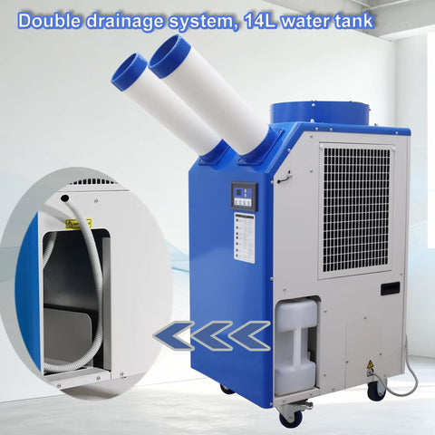 Heavy Duty 18700 BTU Industrial Spot Cooler Portable Air Conditioner with dual exhaust and 14L water tank, mobile setup.