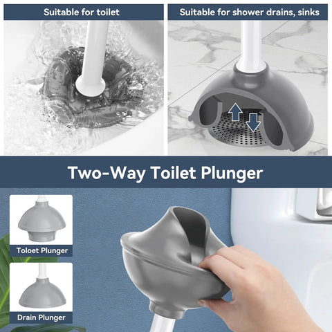 Badass Heavy Duty Toilet Plunger With Handy Storage Holder Clears Stubborn Clogs Fast For Toilets And Sinks, shows two-way use on sink and toilet.