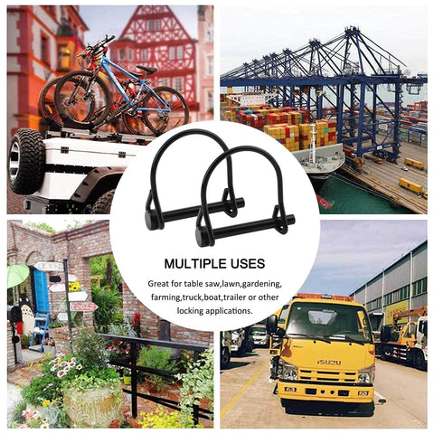 Collage showcasing One Quarter Inch Diameter Heavy Duty Safety Coupler Pin for Quick Release Hitches in various settings.