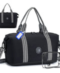 Airline Approved Personal Item Bag, Expandable 20-30L Weekender Duffel, black with patterned straps, carry-on ready
