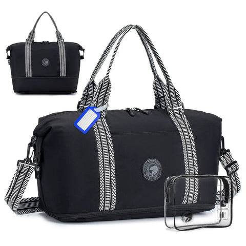 Airline Approved Personal Item Bag, Expandable 20-30L Weekender Duffel, black with patterned straps, carry-on ready