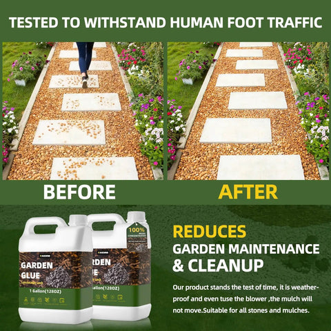 Heavy Duty Garden Glue That Sticks Mulch Stones Pebbles Pine Straw and Gravel in Place, Weatherproof and Non Toxic, before and after image