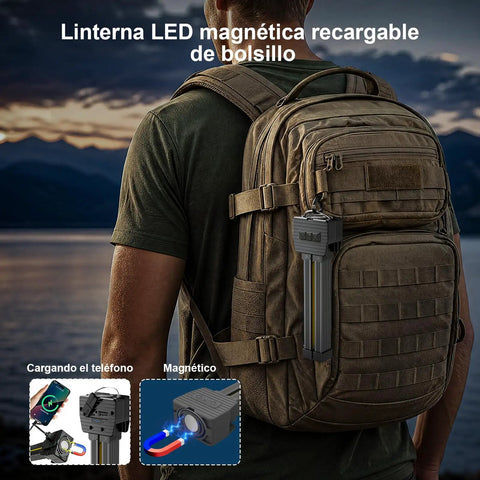 Lit Gym Lighting On The Go Portable Magnetic Work Light attached to backpack in outdoor setting