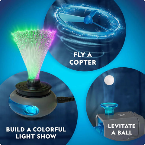 Circuit Maker Electronics Science Kit For Kids With Sixty Hands On Projects featuring colorful light show, fly copter, levitate ball.