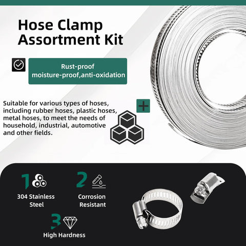 Front view of 36 ft hose clamp kit; 304 stainless steel large-band clamps with worm-gear screws.