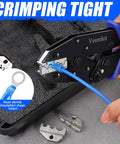 Six Piece Ratchet Crimp Tool Kit With Interchangeable Dies For Heat Shrink Insulated Nylon And Non Insulated Wires Wire Ferrules Open Barrel Terminals And Solar Connectors Pro Grade Durable Tooling For Clean Consistent Crimps in use with heat shrink connectors.