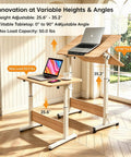 Rolling Laptop Standing Desk With Adjustable Tilting Tabletop And Smooth Locking Casters Lightweight Foldable Computer Workstation for compact spaces featuring height adjustments and wood surface.