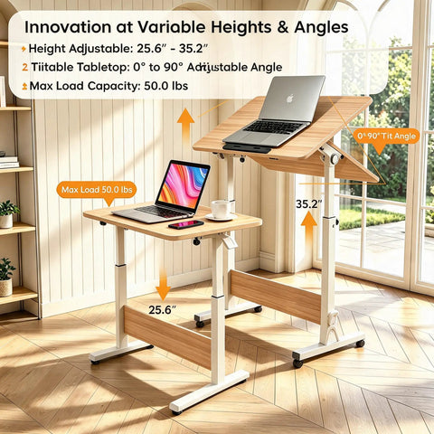Rolling Laptop Standing Desk With Adjustable Tilting Tabletop And Smooth Locking Casters Lightweight Foldable Computer Workstation for compact spaces featuring height adjustments and wood surface.