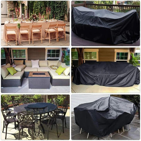 Waterproof Patio Furniture Cover 30 L x 18 W x 18 H Inches fits various furniture on deck and patio, shown in use.
