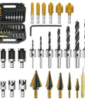 All In One Pro Grade Woodworking Drill Bit Set With Countersink Bits Step Drill Bits Plug Cutters 5 Flute Countersink 28 Pcs GMTOOLS