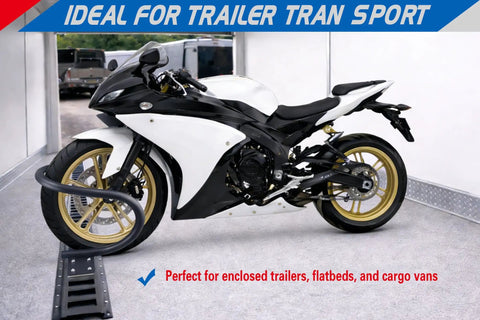 Heavy Duty Steel 7 Inch E Track Wheel Chock With Adjustable Front Tire Stop installed in trailer with motorcycle