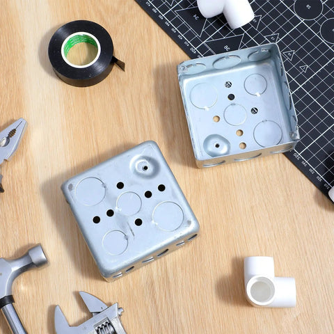 12 Pack 4 Inch Square Electrical Boxes Kit for Plug and Play Wiring Projects, 1-1/2 Inch Deep, Silver Galvanized Steel, 21 Cu In Capacity, Grounding Wire Ready, Includes 36 Screws for Quick No Fuss Organized Junctions on workbench