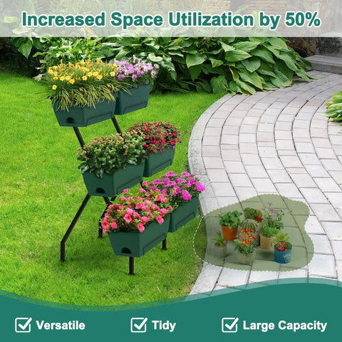 Two Column Vertical Raised Garden Bed With Six Planter Boxes, Heavy Duty Tiered Outdoor Indoor Garden Bed With Drainage Holes And Removable Trays For Flowers Vegetables And Herbs, Sturdy Green on lawn