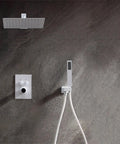 Digital Display Rainfall Shower Faucet Set With Real Time Temperature Reading Oversized Ceiling Rainhead Plus Ergonomic Handheld Wand Modern Dual Outlet Bathroom Upgrade A Straight Up Game Changer on textured wall with sleek controls.