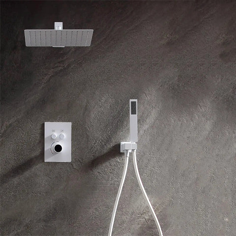Digital Display Rainfall Shower Faucet Set With Real Time Temperature Reading Oversized Ceiling Rainhead Plus Ergonomic Handheld Wand Modern Dual Outlet Bathroom Upgrade A Straight Up Game Changer on textured wall with sleek controls.