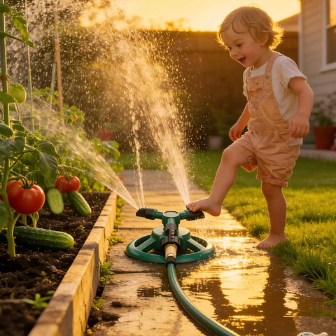 Automatic 360 Rotating Lawn Sprinkler for Large Yard Coverage with Dual Spray Modes used in garden with child playing