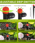 No-Fuss 1/4 Inch Drip Irrigation Emitters Set, 25 Pack With Lock Barbed Connectors, showing adjustable 360-degree water flow and installation