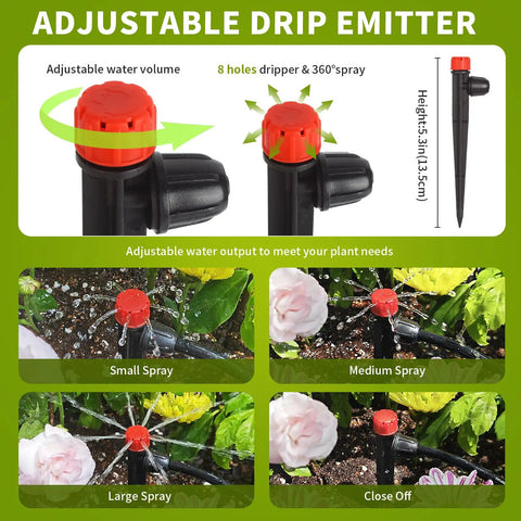 No-Fuss 1/4 Inch Drip Irrigation Emitters Set, 25 Pack With Lock Barbed Connectors, showing adjustable 360-degree water flow and installation