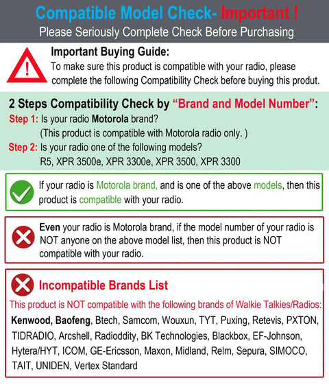 Compatibility check guide for 5 Pack Speaker Microphone For Motorola Handheld Radios R5 XPR 3300e 3500e 3300 3500