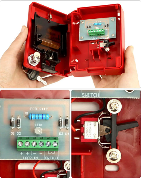 Wired Emergency Sound And Light Fire Alarm Station with 12/24V DC Power, open interior showing wiring and components, includes two keys.