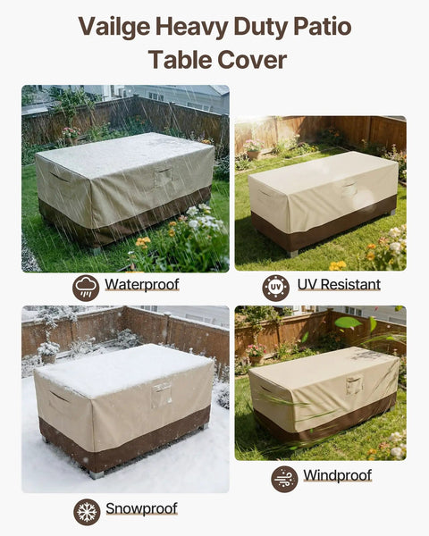 Heavy Duty Waterproof Patio Table Cover For Rectangular Or Oval Tables, All Weather Outdoor Furniture Protector, 600D Oxford Fabric With UV Shield, Dirt Rain Snow Resistant, Large Beige And Brown shown protecting outdoor tables.