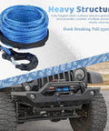 Five Sixteenth Inch 50 Foot Synthetic Winch Rope 13000 Lbs With Protective Sleeve and Forged Hook in use on off-road vehicle
