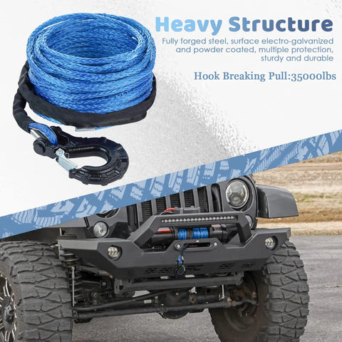 Five Sixteenth Inch 50 Foot Synthetic Winch Rope 13000 Lbs With Protective Sleeve and Forged Hook in use on off-road vehicle