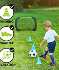 Child playing soccer with Portable Soccer Goal Net Set With Two 4 Ft Pop Up Training Goals And Compact Carry Case in backyard.
