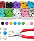 Pro Grade 9.5mm Metal Snaps For Fabric 800 Pieces In 10 Colors With Easy Grip Pliers Fastener Kit For DIY Fashion And Clothing Projects Rust Proof Snaps For Thin Fabrics with multi-color snaps and pliers.
