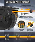 Commercial Grade Retractable Air Hose Reel Featuring Zero Hassle Auto Rewind and Absolutely Kink Free Flex Design with locking mechanism.