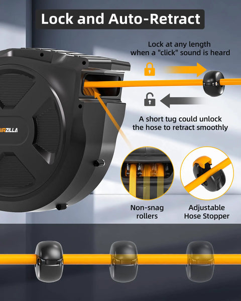 Commercial Grade Retractable Air Hose Reel Featuring Zero Hassle Auto Rewind and Absolutely Kink Free Flex Design with locking mechanism.