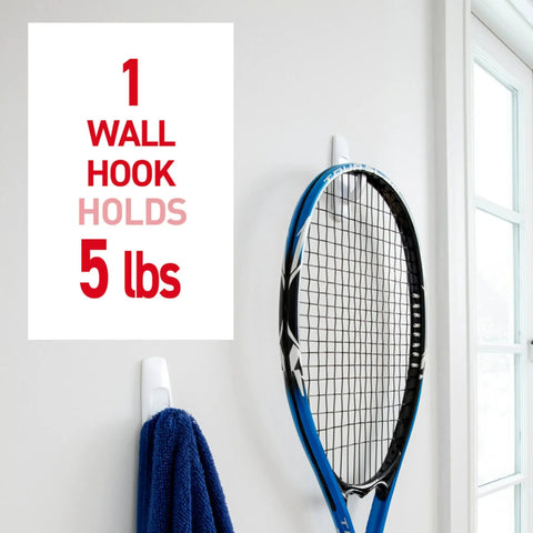 5 Pound Large Utility Hooks Kit With 14 Hangers And 16 Adhesive Strips Damage Free Wall Mounts holding tennis racket and towel