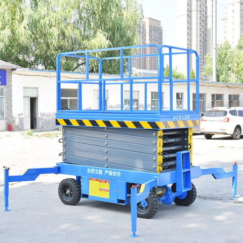 Get Er Done Electric Scissor Lift Platform With Remote And Manual Override Delivers Rock Solid Performance For Construction Warehousing And Agricultural Tasks in blue with wheels.