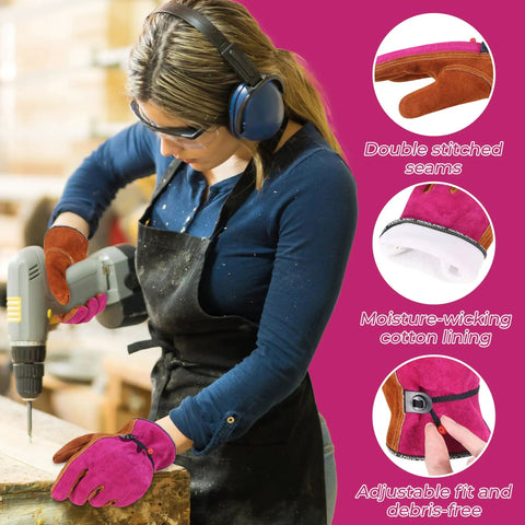 Rugged Cowhide Work Gloves For Men And Women All Purpose Leather Gloves For Gardening Wood Cutting Welding Construction Chainsaws Truck Driving And Yard Work Adjustable Wrist Closure Breathable Cotton Liner Camel Pink Medium